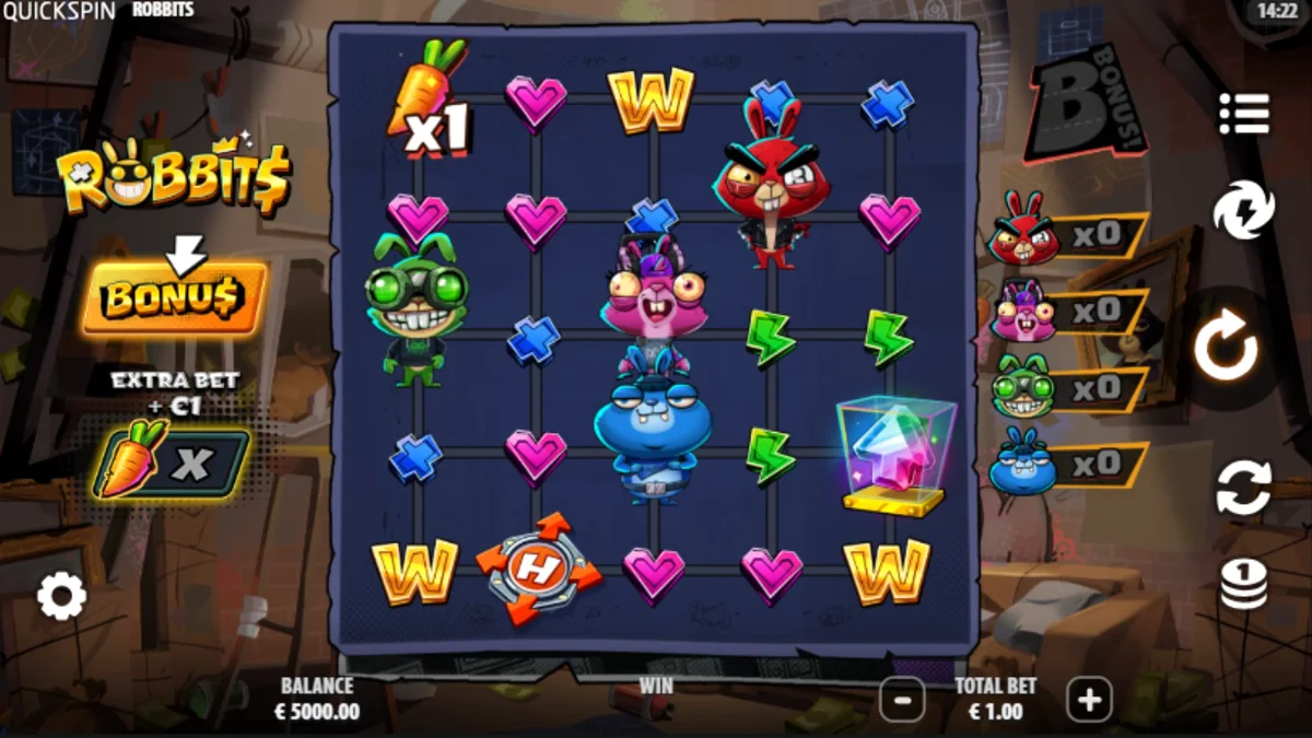 Tampilan visual permainan slot Robbits dengan tema perampokan kelinci